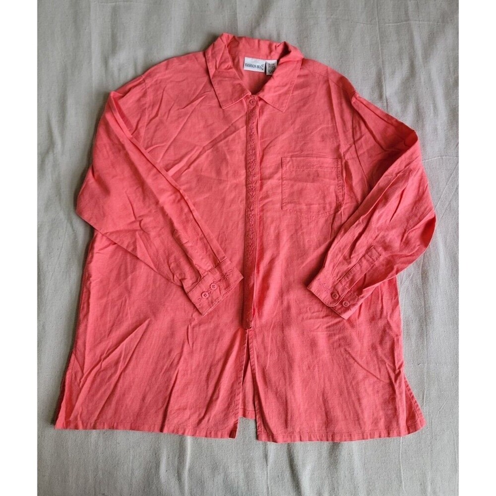 Fashion Bug Shirt Womens 18 20W Button Pink Coral Linen Blend Embroidered Casual